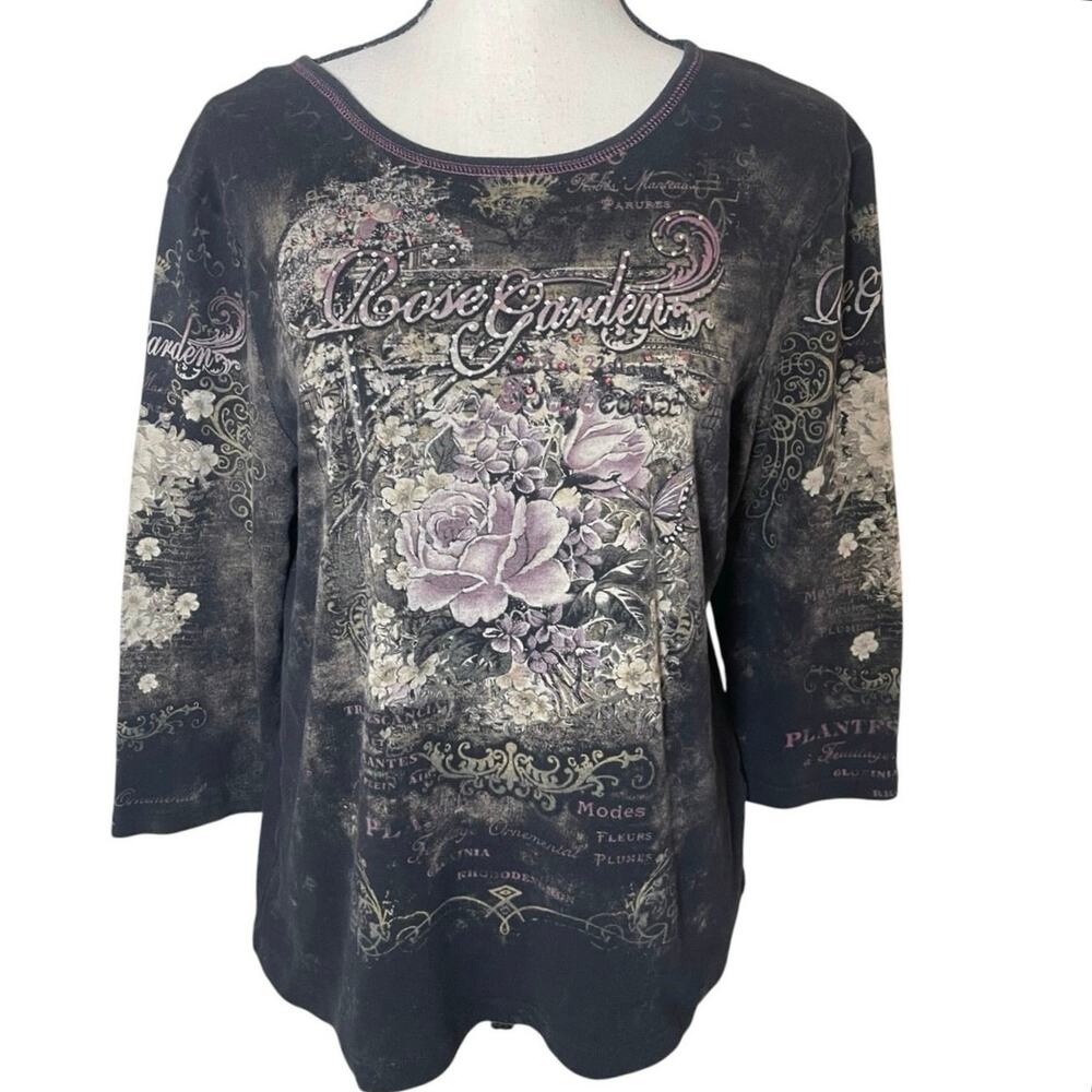VTG Cactus Y2K Fairy Grunge Bling Rose Garden Top 3/4 Sleeve Large Whimsigoth